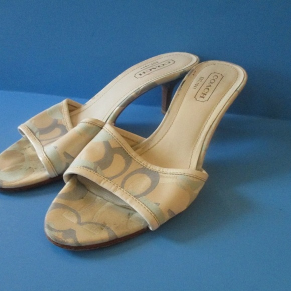 COACH Pastel Blue Cream Slides Stacked Heels - Picture 2 of 5